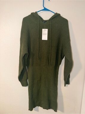 Knit Hooded Sweater Dress in Olive Green